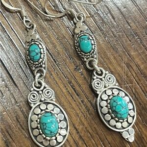 Native American Signed 925 Sterling Silver Blue Turquoise Dangle Hook Earrings